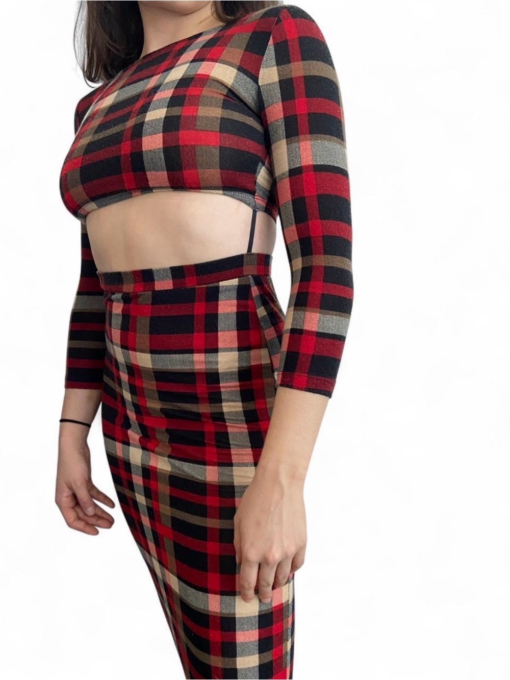 ✨ VINTAGE RARE Sans Souci Plaid Tartan Cutout Bodycon Midi Dress Deadstock Small